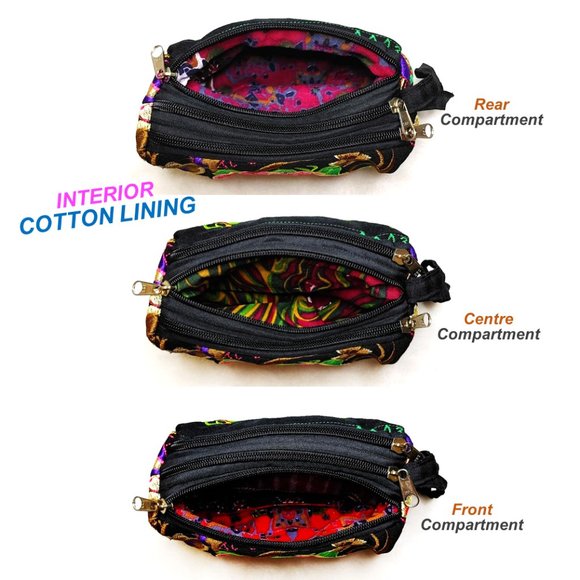 Embroidery Rabbits Floral Fabric Wristlet Pouch Black Brown Red 3-Layer Zippers - Picture 11 of 13